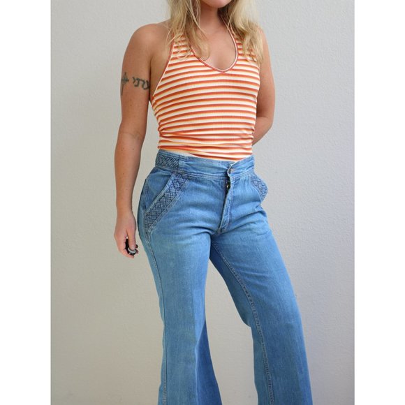 1970's Vintage MD Cimone Baket Weave Bell Bottom Jeans Women's Medium 31" Waist - Picture 2 of 11